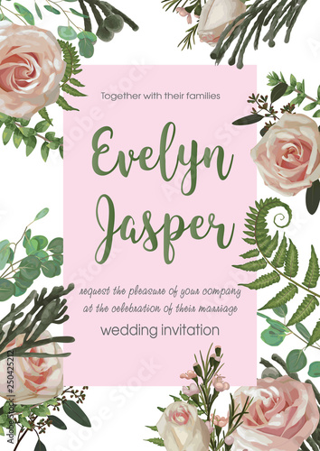 Wedding invite invitation card vector floral greenery design flower. Fern, eucalyptus, boxwood, botanical green, brunia, pink rose. Decorative square. Postcard