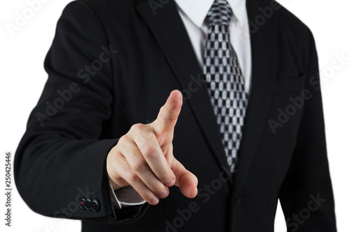 Businessman in Black Suit Pointing Index Finger Towards Camera. Focus On The Hand and Finger. Isolated On White Background