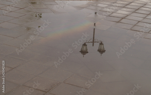 reflection of a rainbow in a puddle  Kremlin Embankment in Kazan