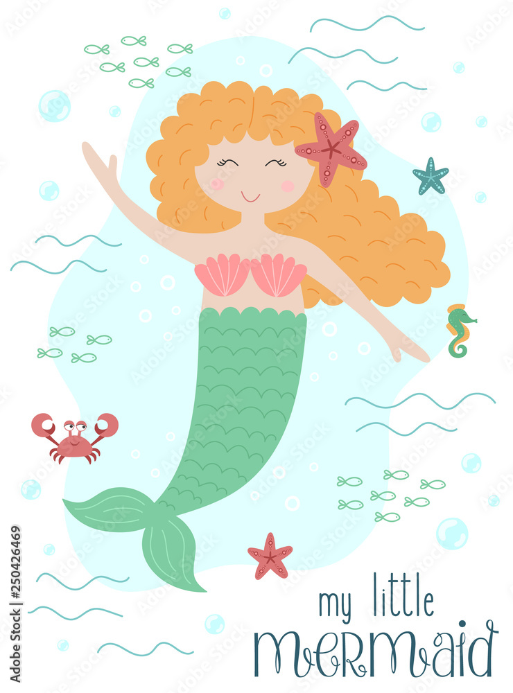 Vector image of a funny little mermaid with red hair with a starfish, crab and seahorse under water. Sea hand-drawn illustration for girl, birthday, holiday, summer party, greeting card, print Vector image of a funny little mermaid with red hair with a starfish, crab and seahorse under water. Sea hand-drawn illustration for girl, birthday, holiday, summer party, greeting card, print