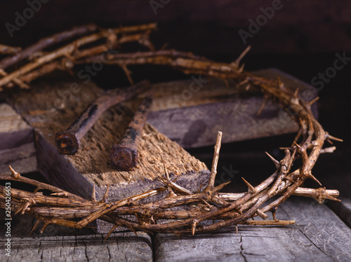 Crown of Thorns and Nails on a Wooden Cross