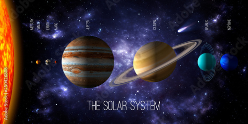 Sun and the eight planets of the solar system with deep space and dramatic nebula background.. Realistic 3d illustration of the rendering of the planets size. Some elements furnished by NASA.
