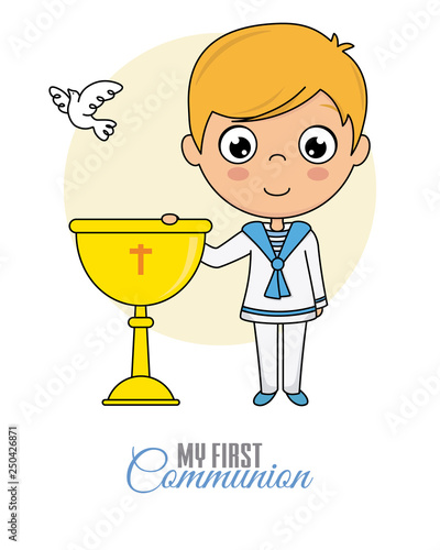 Boy communion card. Child with a chalice. 