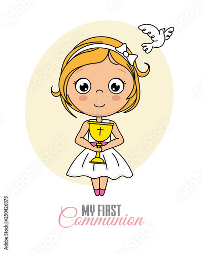 Girl communion card. Child with a chalice.