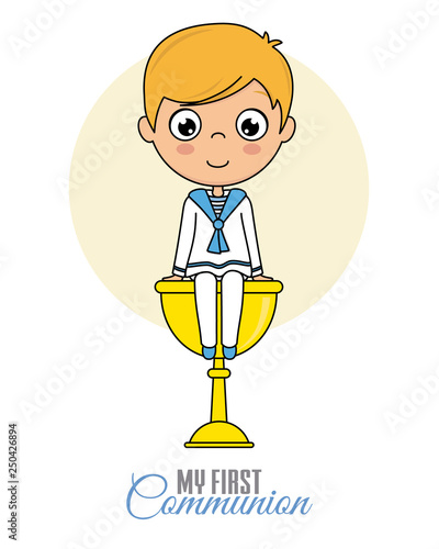 First communion card. Boy sitting in a calyx