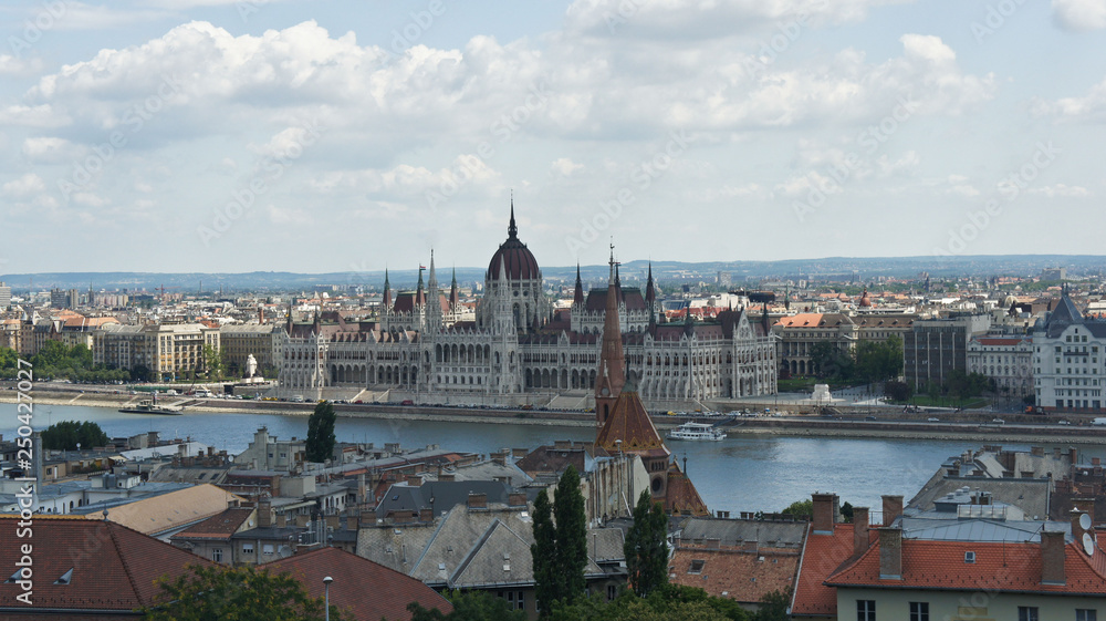 Top view of the Danube river, roofs and the Hungarian Parliament on the bank in Budapest, sunny day, Hungary