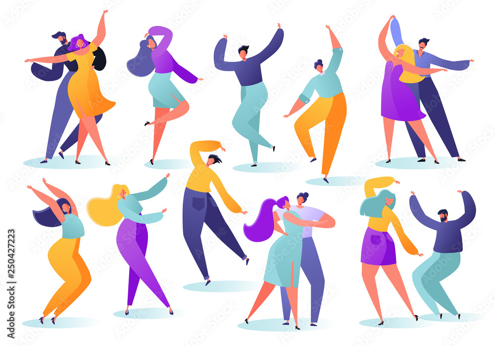 Set of young happy dancing people. Party dancer character male and female isolated on white background. Young men and women enjoying dance party. Colorful vector illustration. Set of young happy dancing people. Party dancer character male and female isolated on white background. Young men and women enjoying dance party. Colorful vector illustration.