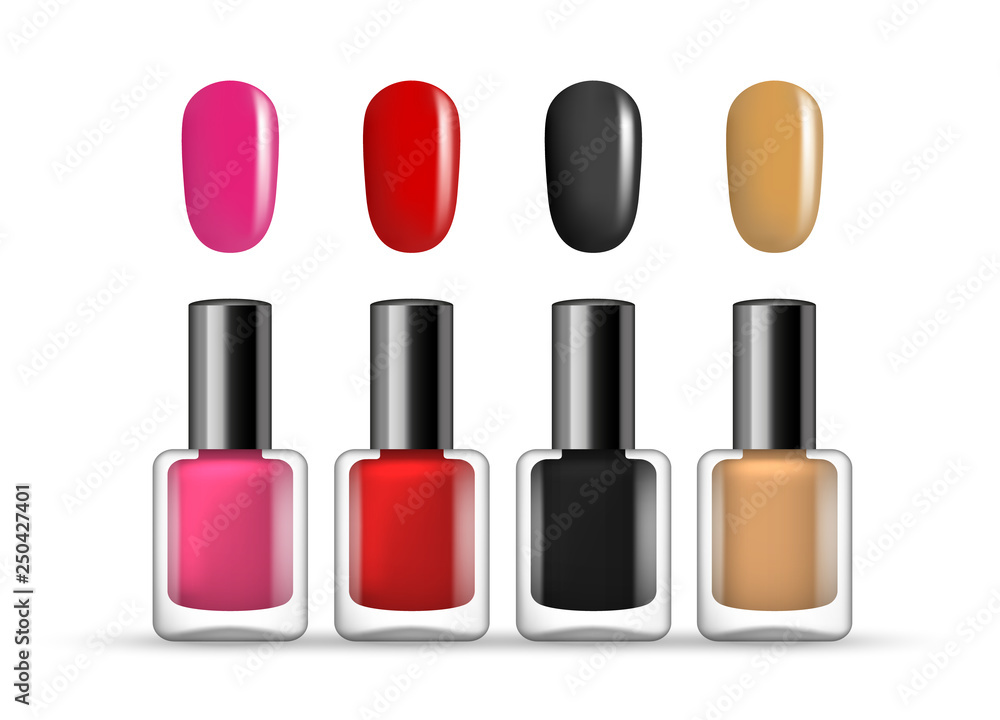 Vector set of nail polish bottles of different colors with samples on nails isolated on white background Vector set of nail polish bottles of different colors with samples on nails isolated on white background
