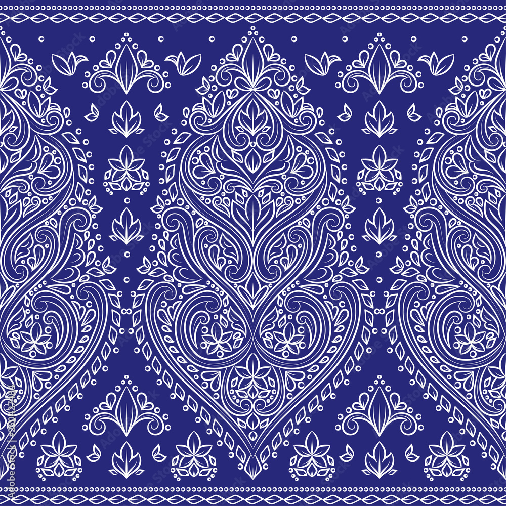 Beautiful blue and white floral seamless pattern. Vintage vector, paisley elements. Traditional, Turkish, Indian motifs. Great for fabric and textile, wallpaper, packaging or any desired idea.