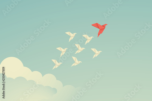vector business finance leadership concept with origami red paper bird leading among white. Symbol leadership, strategy, mission, objectives