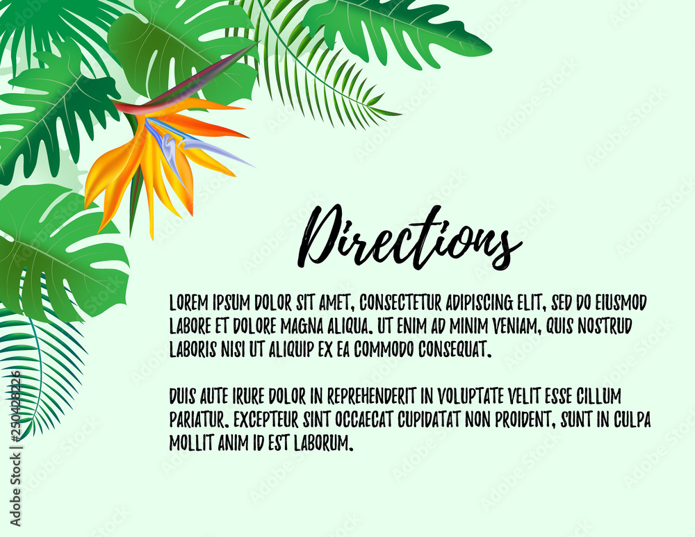 Obraz premium Modern style Directions wedding invitation card with tropical exotic flower frame background, floral elements label. Vector design template, isolated. Welcome card in trendy with palm plant