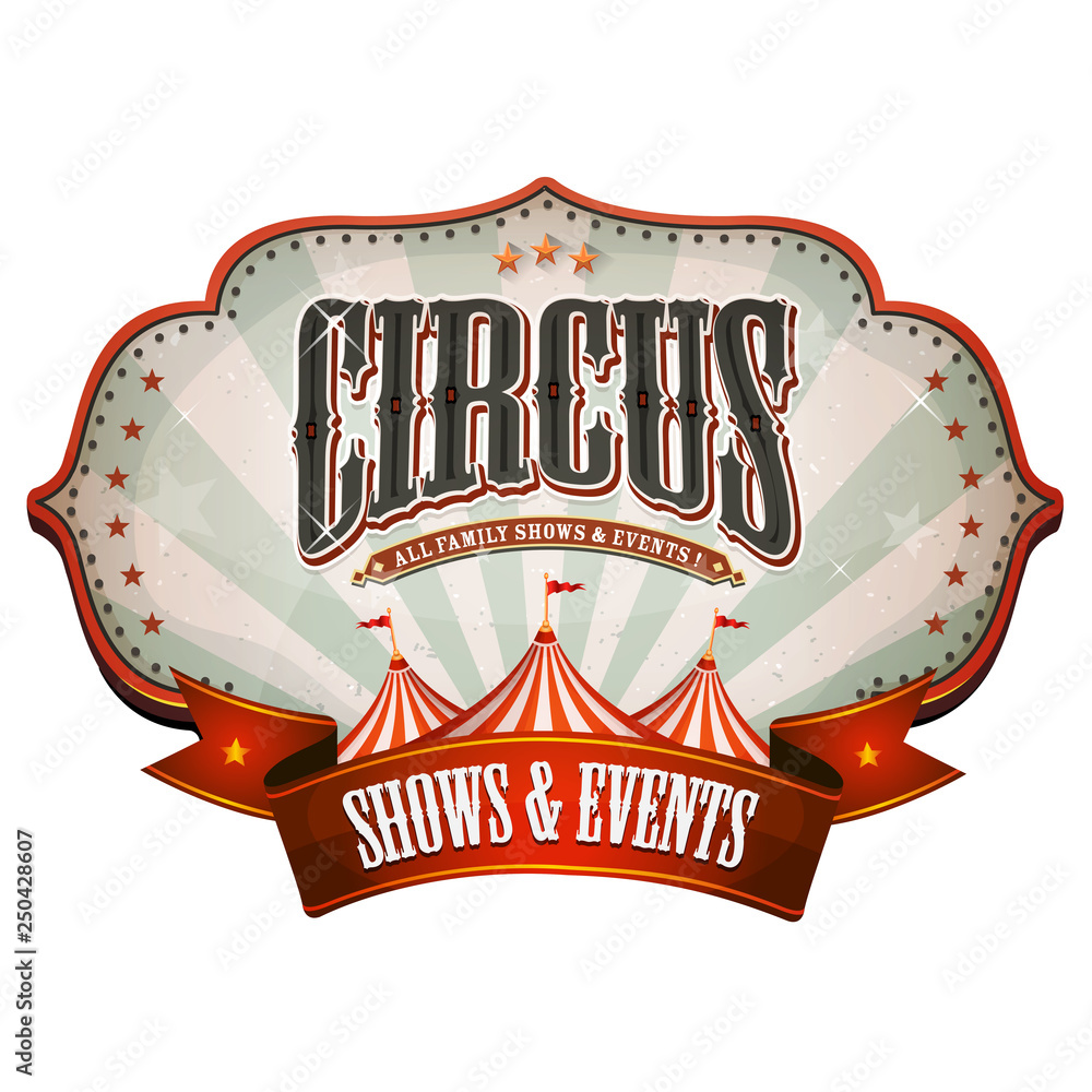 Carnival Circus Banner With Big Top/ Illustration of a retro and vintage circus red poster badge, with marquee, big top, sunbeams and banner
