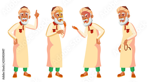 Fototapeta Naklejka Na Ścianę i Meble -  Arab, Muslim Old Man Poses Set Vector. Elderly People. Senior Person. Aged. Friendly Grandparent. Banner, Flyer, Brochure Design. Isolated Cartoon Illustration
