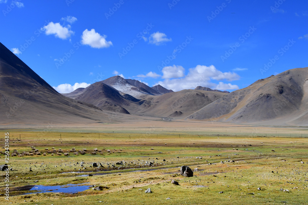  Tibetan mountains on the way to lake Mershung in summer in clear weather