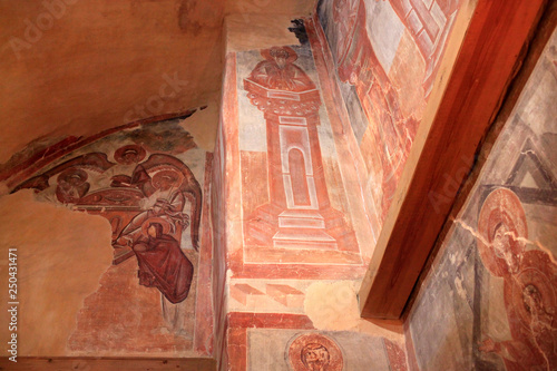 The interior of the Church of the Transfiguration on Ilyin Street in Veliky Novgorod, Fresco painting by the outstanding Byzantine master Theophanes the Greek on the walls photo