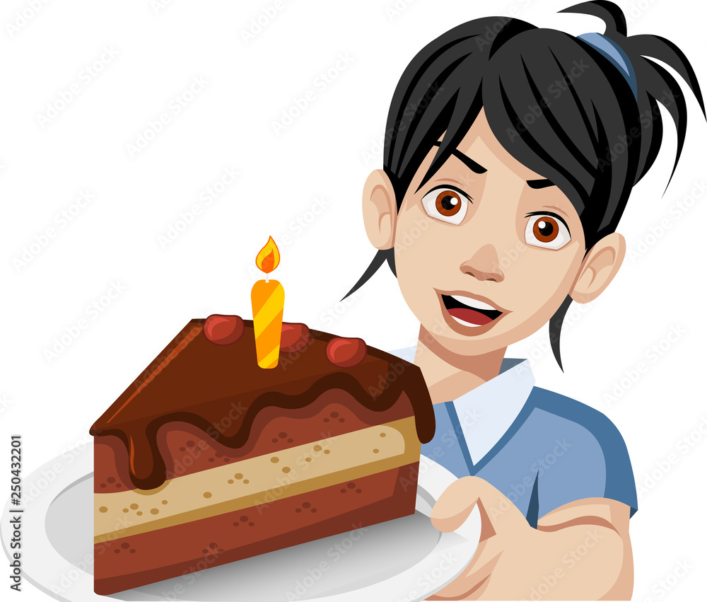Cartoon woman holding a slice of birthday cake on a plate. Stock Vector | Adobe Stock Cartoon woman holding a slice of birthday cake on a plate. Stock Vector | Adobe Stock