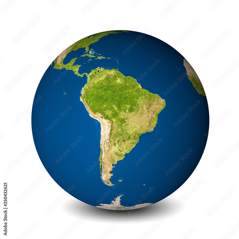 Earth globe isolated on whitebackground. Satellite view focused on South America. Elements of this image furnished by NASA