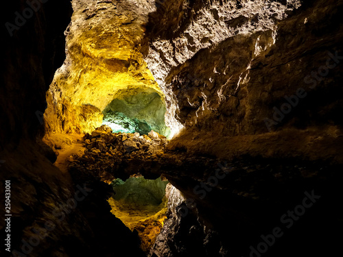 Inside a beautiful lava tunnel cave. Cueva de los Verdes. Lanzarote, Canary Islands.