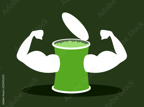 Spinach as healthy superfood - green food is in can and tin. Strong biceps and muscular muscle as symbol of healthy strength. Vector illustration