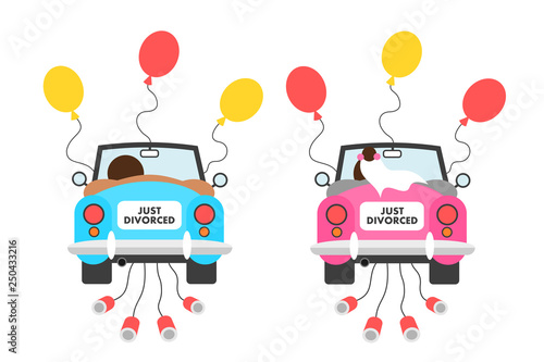 Just divorced - former marriage of husband and wife is ending after divorce. Separated man and woman in car and auto are happy and celebrating termiantion of love relationship. vector illustration