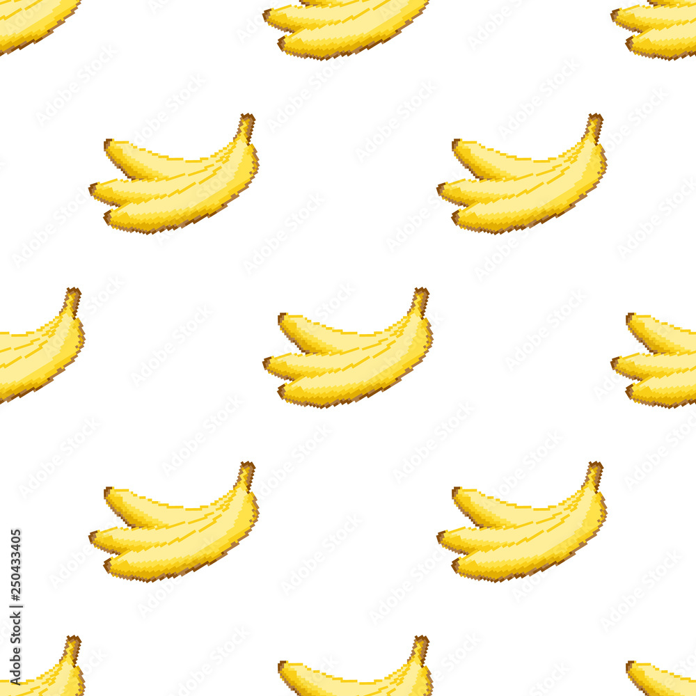Seamless pattern with pixel art bananas. Vector illustration of seamless print pattern. 8bit