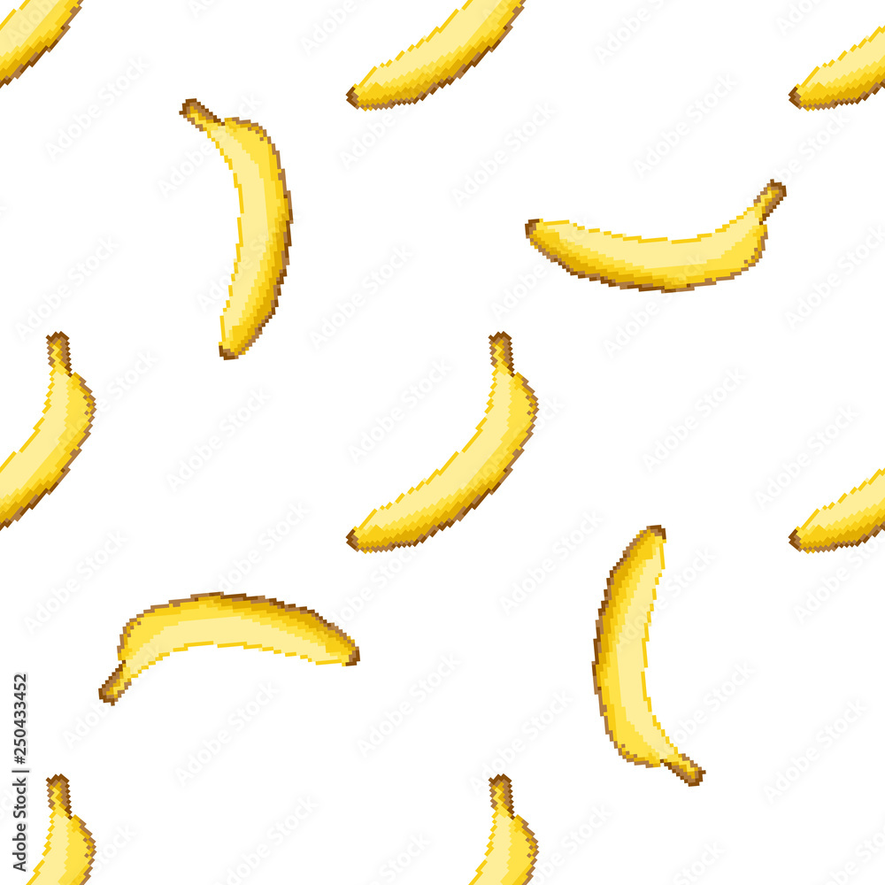 Seamless pattern with pixel art bananas. Vector illustration of seamless print pattern. 8bit