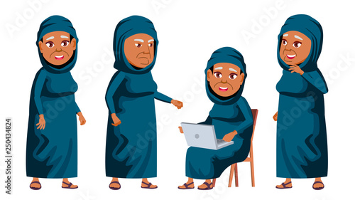 Arab, Muslim Old Woman Poses Set Vector. Elderly People. Senior Person. Aged. Friendly Grandparent. Web, Poster, Booklet Design. Isolated Cartoon Illustration