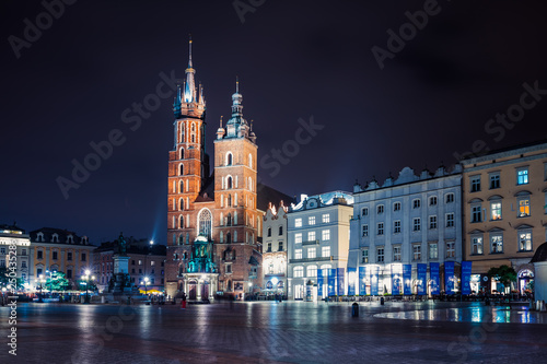 Mary's Basilica (Church of Our Lady Assumed into Heaven) in Krakow, Poland at night