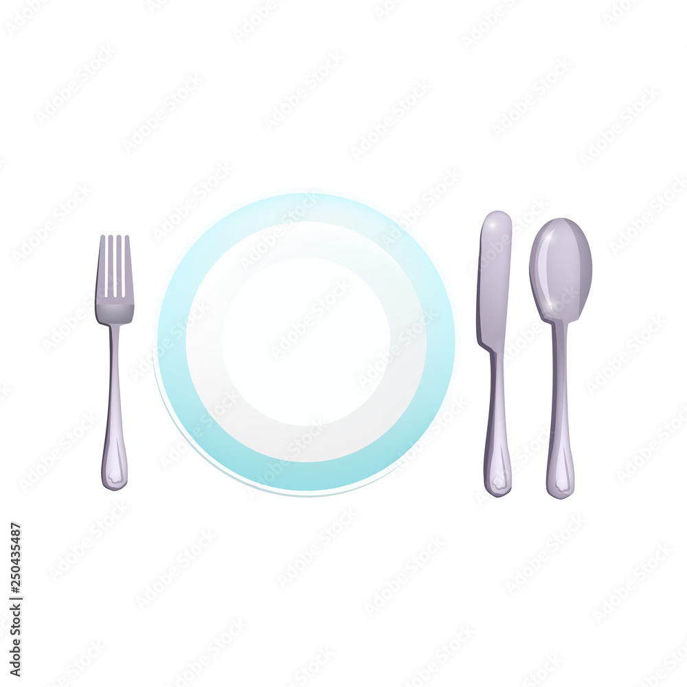 Empty plate, fork, knife and spoon vector. Table setting, breakfast, dinner. Kitchenware concept. Vector can be used for topics like eating, household equipment, meal Empty plate, fork, knife and spoon vector. Table setting, breakfast, dinner. Kitchenware concept. Vector can be used for topics like eating, household equipment, meal