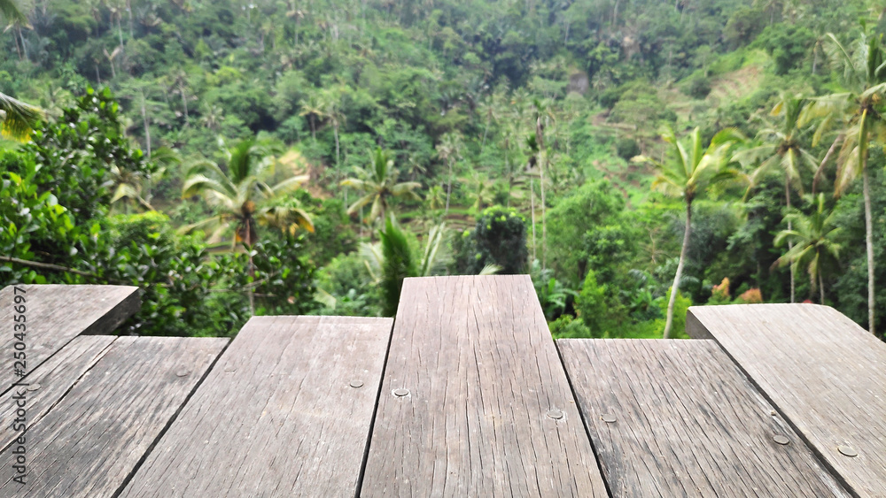 Wooden front with Balinese blurred jungle Wooden front with Balinese blurred jungle