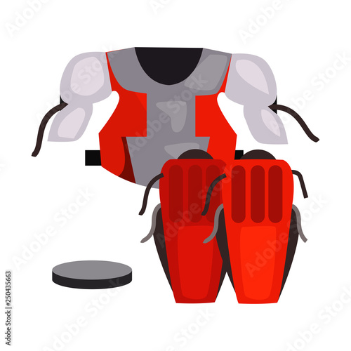Goaltender chest protector and knee pads vector. Hockey player, sportswear, hockey kit. Ice hockey concept. Vector illustration can be used for topics like sport, sports equipment, competition