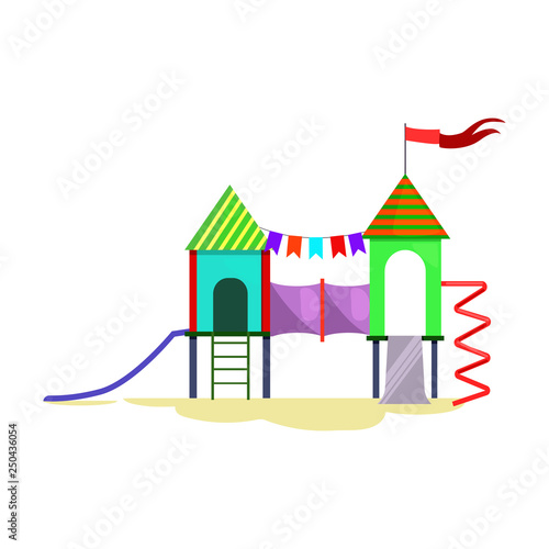 Kids playground with ladder, chutes and spiral vector. Kindergarten, fair, children activity. Childhood concept. Vector illustration can be used for topics like entertainment, leisure, party