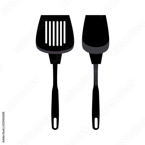 Plastic kitchen spatula and spoon vector. Utensils, food preparation, dishware. Kitchenware concept. Vector can be used for topics like cooking, household equipment, kitchen