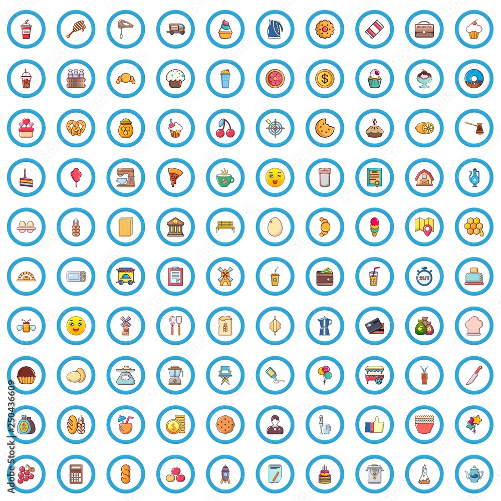 100 bakery icons set. Cartoon illustration of 100 bakery vector icons isolated on white background