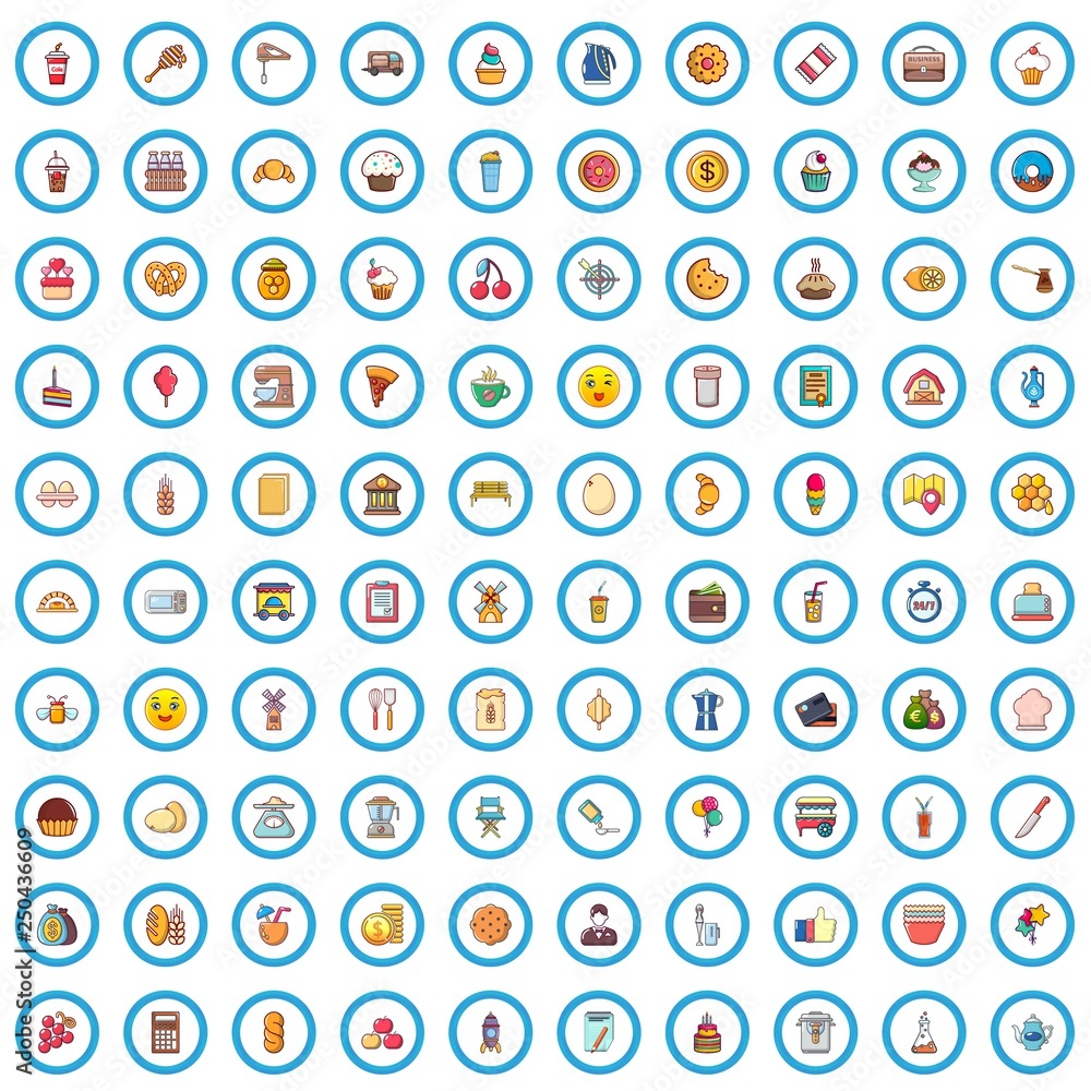 100 bakery icons set. Cartoon illustration of 100 bakery vector icons isolated on white background 100 bakery icons set. Cartoon illustration of 100 bakery vector icons isolated on white background