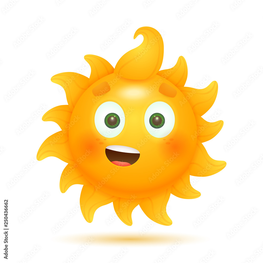 Cheerful funny cartoon sun. Smiling, positive, yellow. Can be used for topics like vacation, character, weather