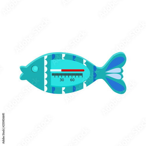 Water thermometer in shape of fish vector. Baby bathing, temperature control, toy thermometer. Thermometer concept. Vector can be used for topics like childcare, measurement, healthcare