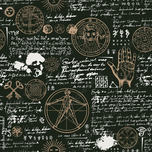 Vector seamless background on the theme of mysticism, magic, religion and the occultism with various esoteric and masonic symbols. Medieval manuscript with sketches, blots and spots in retro style