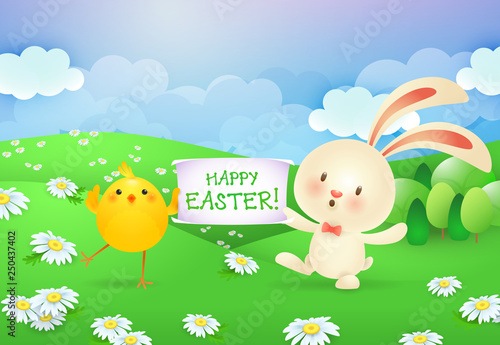 Happy Easter lettering on banner held by bunny and chick. Easter greeting card. Typed text  calligraphy. For greeting cards  posters  invitations  banners  leaflets and brochures.