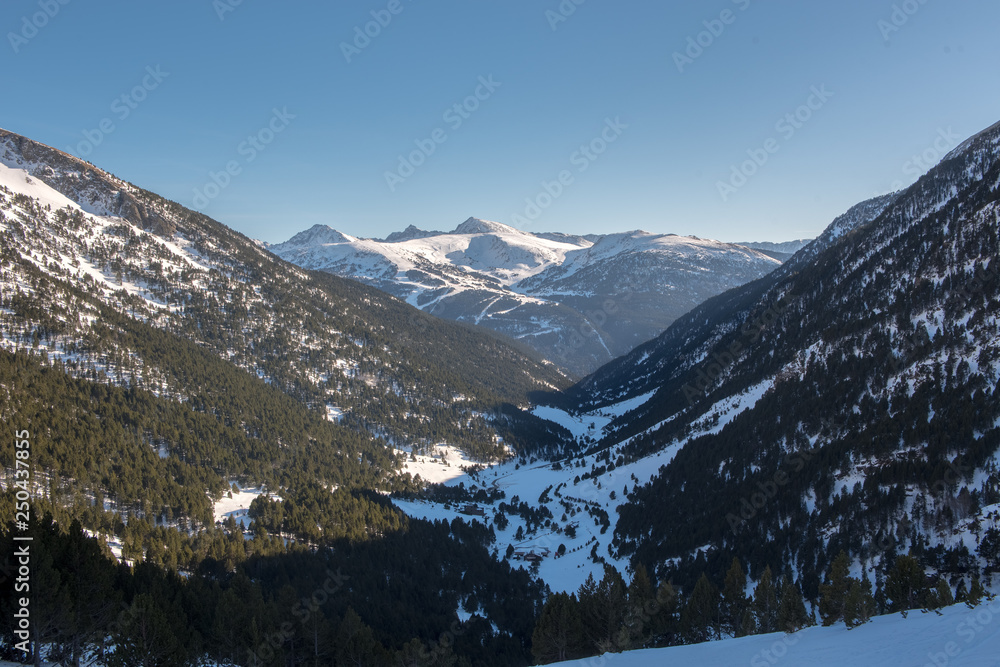 Incredible sunny day in winter in the Pyrenees in Andorra. Ransol, Canillo, Andorra.
