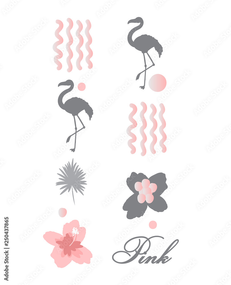 Fototapeta premium Tropical birds set of flamingo. Exotic rose bird illustrations, jungle tree, trendy art. For print or cover