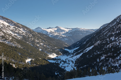 Incredible sunny day in winter in the Pyrenees in Andorra. Ransol, Canillo, Andorra.