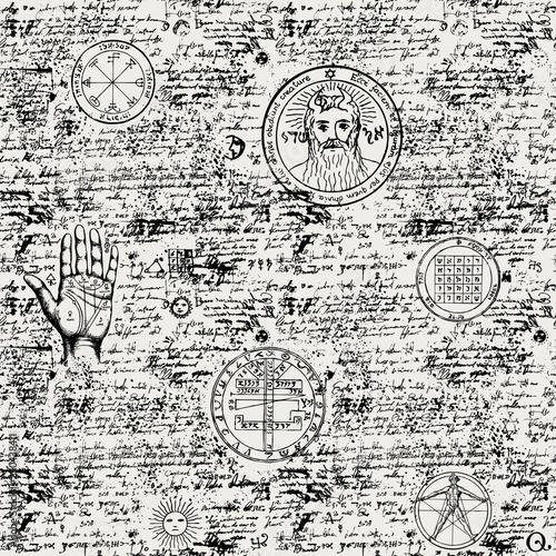 Vector seamless background on the theme of mysticism, magic, religion and the occultism with various esoteric and masonic symbols. Medieval manuscript with sketches, blots and spots in retro style