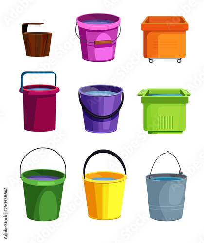 Colorful buckets set. Collection for cleaning service. Can be used for topics like housework, sanitary, washing floor