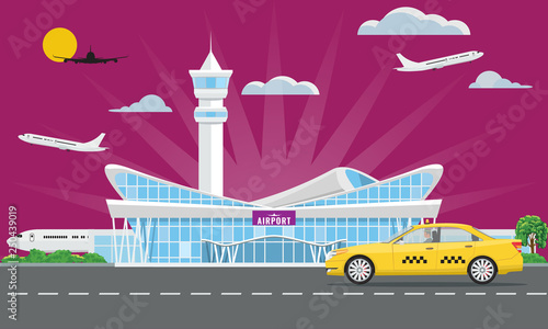 Solid Modern Airport terminal building and yellow taxi. Vector illustration.