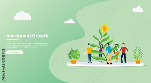 team growing investment website template page with tree leaf with gold coin money growth