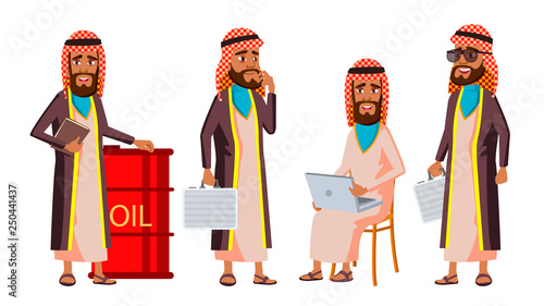 Arab, Muslim Old Man Poses Set Vector. Elderly People. Senior Person. Aged. Oil Production, Sheikh, Businessman. Senior Person. Advertising, Placard, Print Design. Isolated Cartoon Illustration