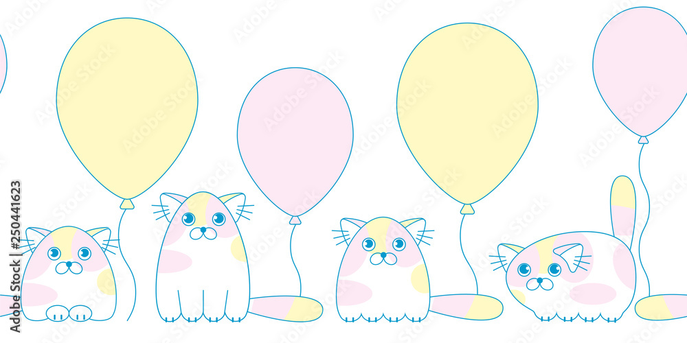 Cartoon cute colorful cats with balloons seamless pattern