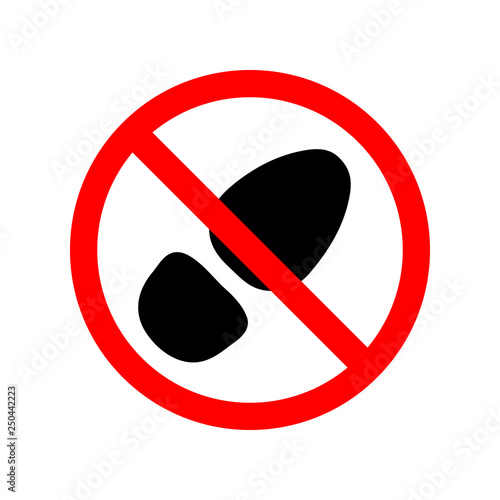 Sign, icon prohibiting walking in dirty street shoes. Red insignia with black sole or grange foot. Vector illustration eps10