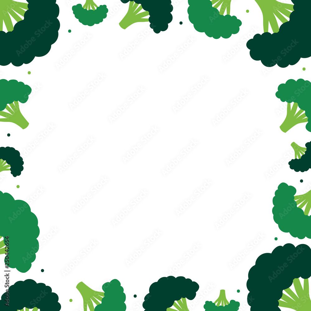 Vector frame, card template with cartoon style raw green broccoli and dots. Vector frame, card template with cartoon style raw green broccoli and dots.